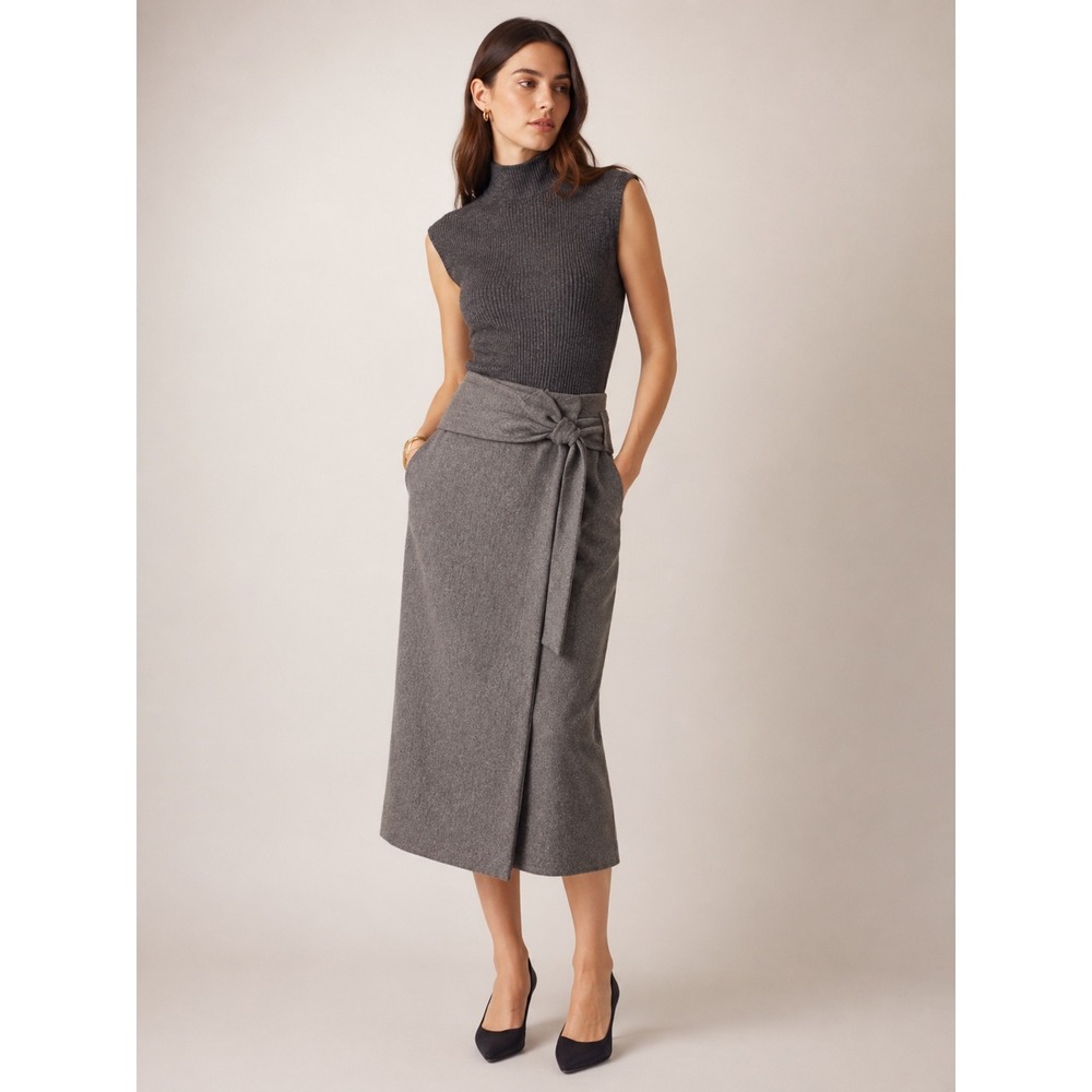 Aritzia Babaton Wool Cashmere Faux Wrap Midi Gray‎ Stretch Pencil Skirt Size 2